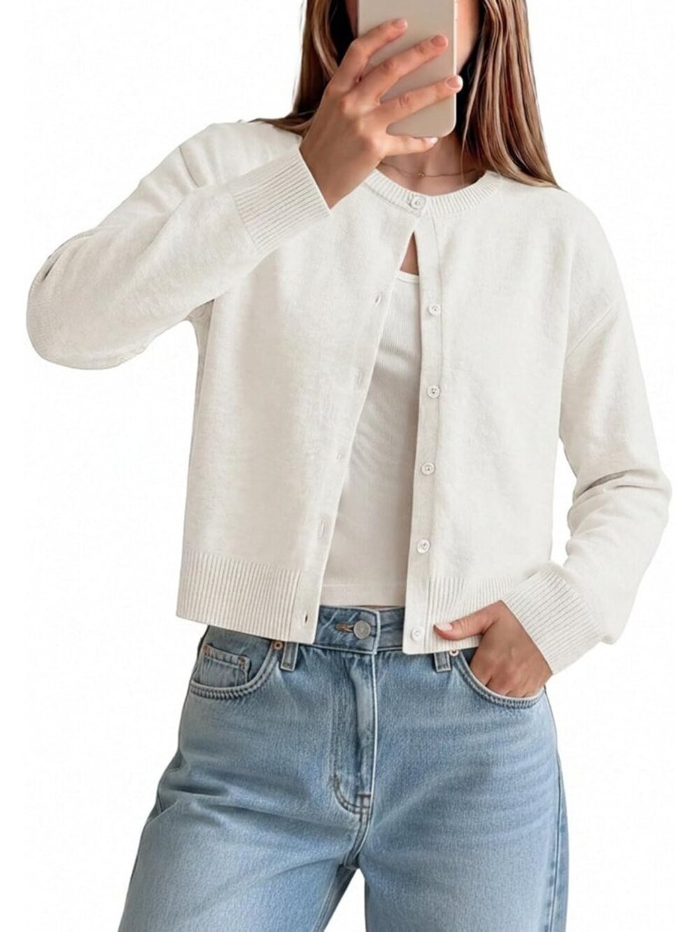🆕Women's White Cropped Knit Cardigan Sweater Crew Neck Button Front Jacket